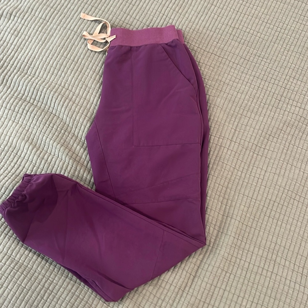 Figs Women's Track Joggers in Deep Purple with Pink Drawstring